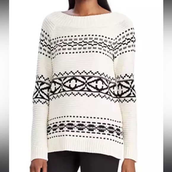 CHAPS Fair Isle Textile Knit Sweater Cream Black Fall Winter Holidays Medium - Picture 2 of 8